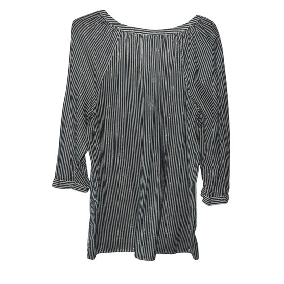 Liz Claiborne Navy White Striped Metallic Thread Tunic Top Size L Peasant Blouse - Picture 7 of 9
